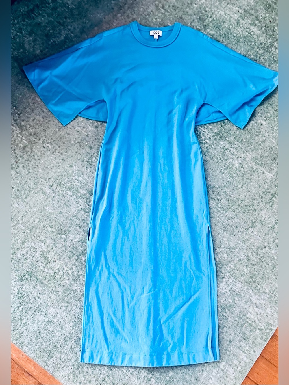 COS Signature Draped-Sleeve Midi Dress. Azure Blue,Soft Jersey Fabric. Leg Slits - Picture 6 of 16